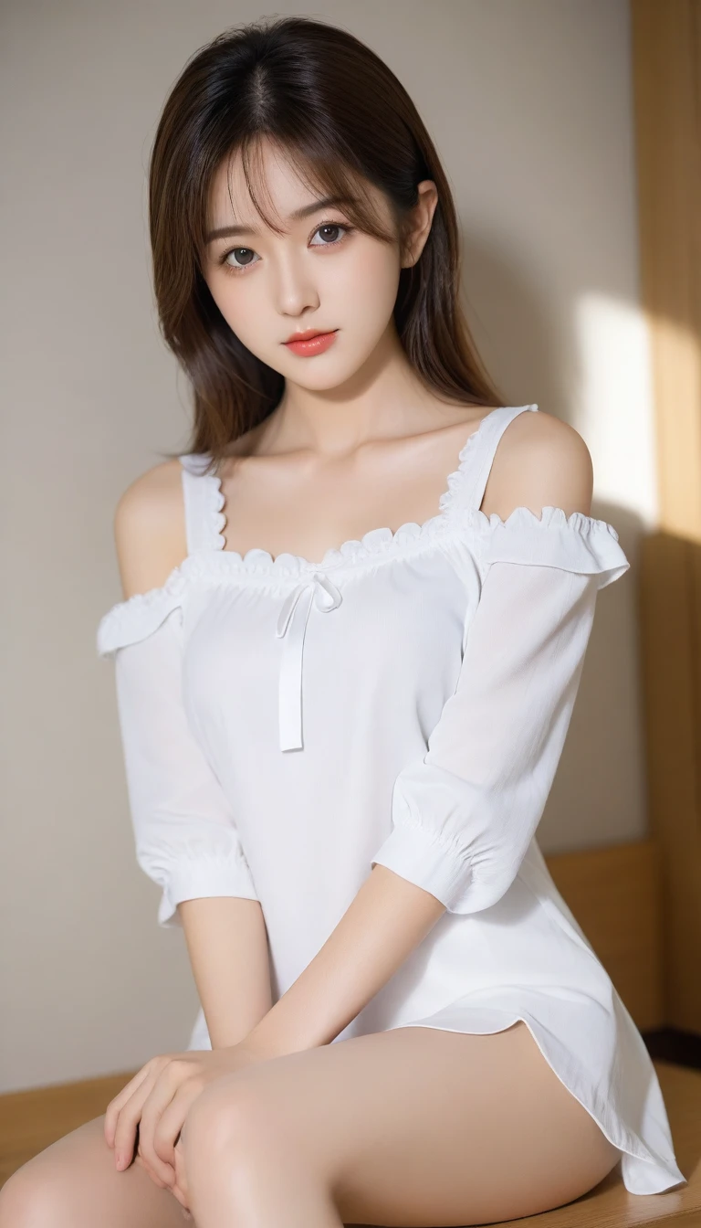 8K, Ultra-high resolution, Highest quality, masterpiece, 三分割法によるphotograph,Surreal, photograph, 1 Girl, (:1.3), pretty girl, Cute face, Beautiful eyes in every detail, 細かくdetailedに,masterpiece,One Girl:1.2, Japan Female Announcer, (Highest quality, 8K, masterpiece, Best image quality, Ultra HD, Delicate and smooth skin, Realistic Skin, Perfect and beautiful face ,完璧でCute face, Skin with attention to detail, Perfect limbs、Narrow waist、Thin legs)、Browsing Caution、Sulky face、Twin tails、Brown Hair、Red ribbon、(Maid clothes)、locker room,Beautiful leg line beauty,Looking at the audience、beauty,Long neck、(((Ideal body type))),A cup small breasts :2,、Portraiture:2、Perfect Anatomy、鮮明なdetailed、detailed、Surreal、Light and shadow,Strong light