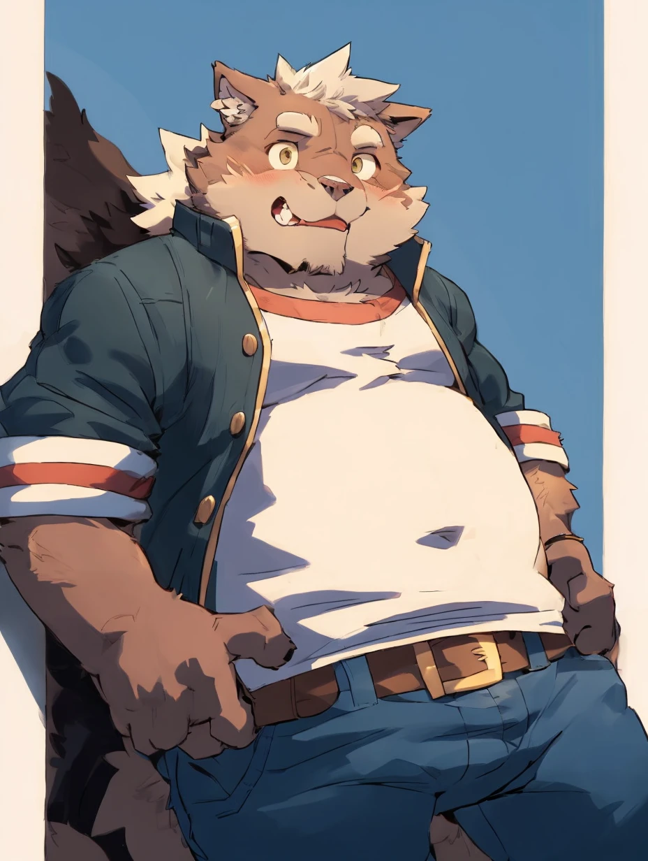 cartoon of a man with a cat face and a jacket, a character portrait inspired by Greg Staples, pixiv, furry art, full length portrait of a short!, high resolution commission, Casually dressed, well-built, hairy chest, furry character, Thick, fluffy chest, fursona wearing elegant clothes, Casually dressed, cuerpo robusto y well-built