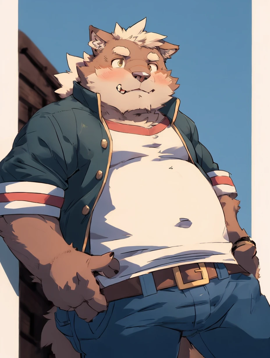 cartoon of a man with a cat face and a jacket, a character portrait inspired by Greg Staples, pixiv, furry art, full length portrait of a short!, high resolution commission, Casually dressed, well-built, hairy chest, furry character, Thick, fluffy chest, fursona wearing elegant clothes, Casually dressed, cuerpo robusto y well-built