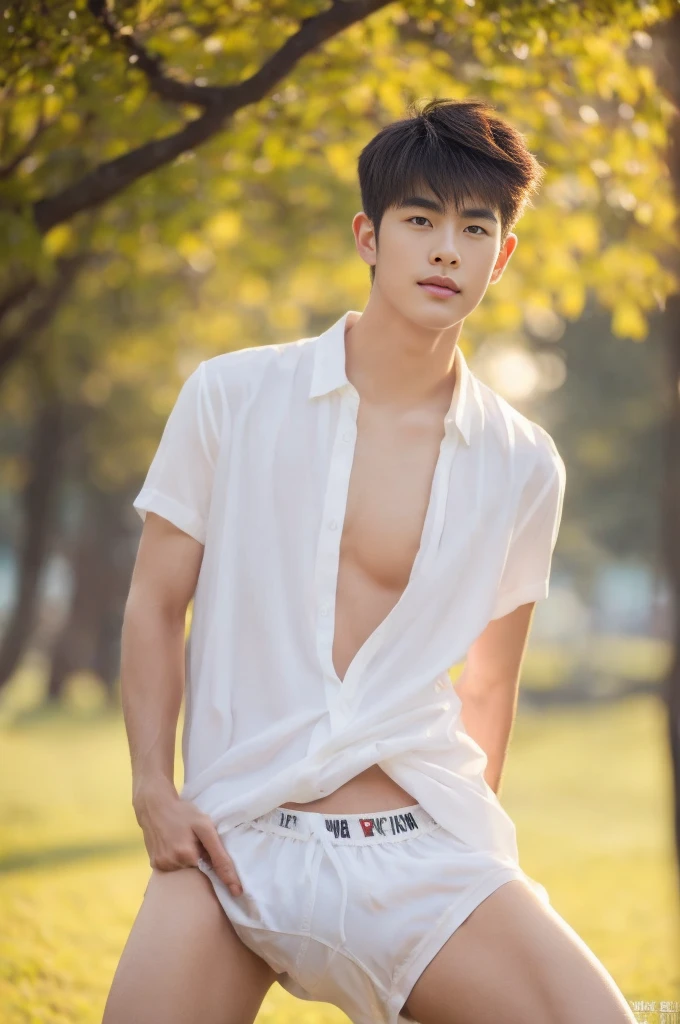 Asian muscular boy sitting on grass, sexy, Dark eyebrows, white shirt, wearing white thong high cut underwaer, white high cut Jockstrap, muscular young male, mid shot portrait, high quality portrait, Attractive pose, cute young man, gorgeous young model, portrait a 25 - year - old boy, casual photography, Realistic. Cheng Yi, cute young man, ((wearing micro string thong))
