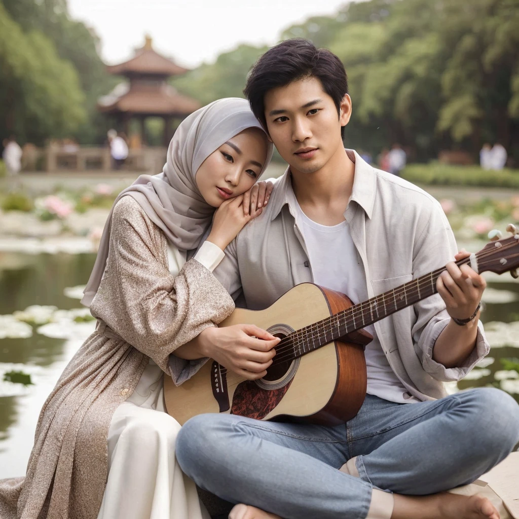 full body displays super HD high resolution photos of sweet Asian couples. A beautiful Asian woman wearing a hijab wearing a long-sleeved robe is sitting hugging her handsome husband wearing a shirt playing the guitar. they were on the edge of a lake with a beautiful garden. the image looks real and clear