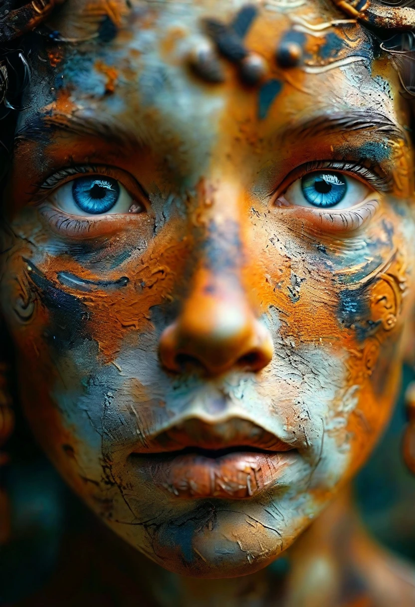 (masterpiece, best quality:1.2), Artistic ornamentadonna and ，Kind face, Painted in earthy tones，color，With subtle patterns and textures，Invoking Ancient Wisdom. Focus on the face，With depth of field and bokeh effects. This is a high resolution image，Complex details，The background is dark，Soft lighting, style of. 
