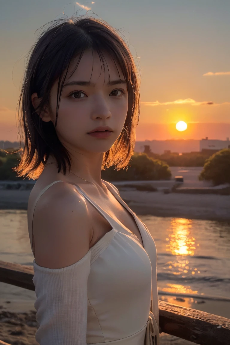 (Highest quality:1.4),(masterpiece:1.4),(Realistic:1.4),(Realistic:1.2),(超High resolution, RAW Photos:1.4),(High resolution, Very detailed:1.2),(8K:1.2),Movie Photos,a photo of a dark-haired,One Girl,alone,wear ,((one piece))、((Upper Body:1.3)),((Sunrise time/Sunrise time/Sunrise time:1.3))