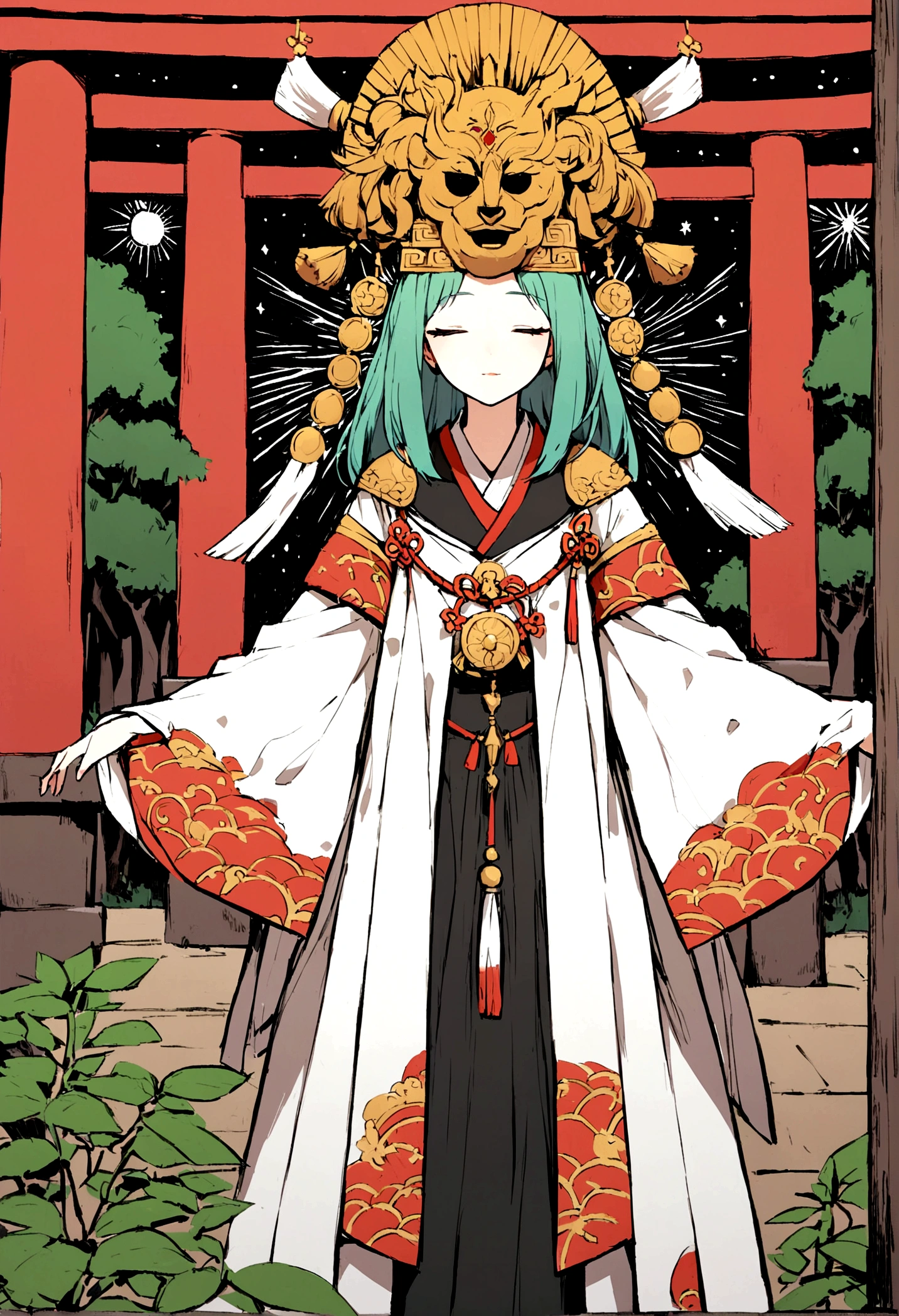 Highest quality, A detailed illustration of Himiko, the 3rd century queen of Yamataikoku in Japan。She reflects status and mystical powers.、Wearing traditional ceremonial clothing with elaborate patterns and decorations。flowing robe、Decorated head ornament、Wearing ceremonial jewelry。Background、shrine、torii、Or includes elements of ancient Japan such as jungle、Depicts tranquil and mysterious natural settings。Her expression is calm and dignified.、Represents wisdom and authority。