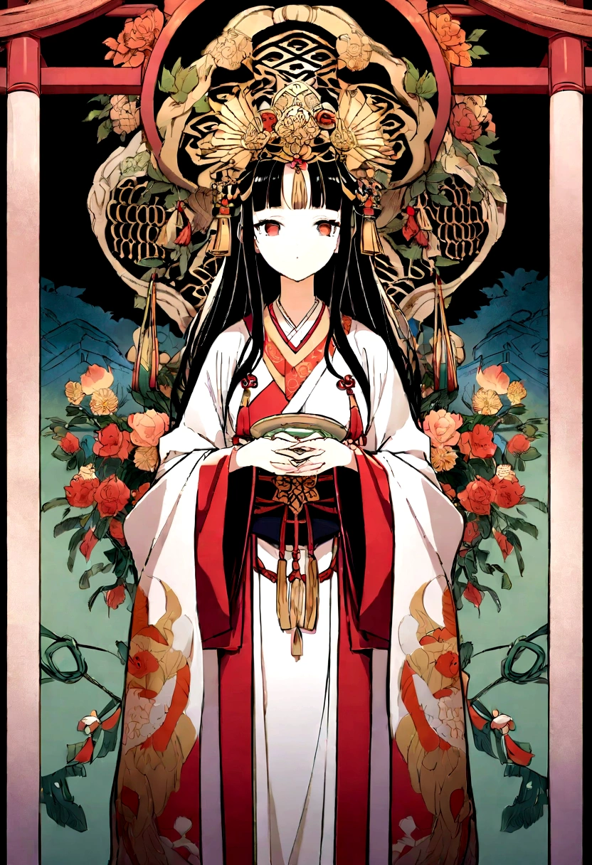 Highest quality, A detailed illustration of Himiko, the 3rd century queen of Yamataikoku in Japan。She reflects status and mystical powers.、Wearing traditional ceremonial clothing with elaborate patterns and decorations。flowing robe、Decorated head ornament、Wearing ceremonial jewelry。Background、shrine、torii、Or includes elements of ancient Japan such as jungle、Depicts tranquil and mysterious natural settings。Her expression is calm and dignified.、Represents wisdom and authority。