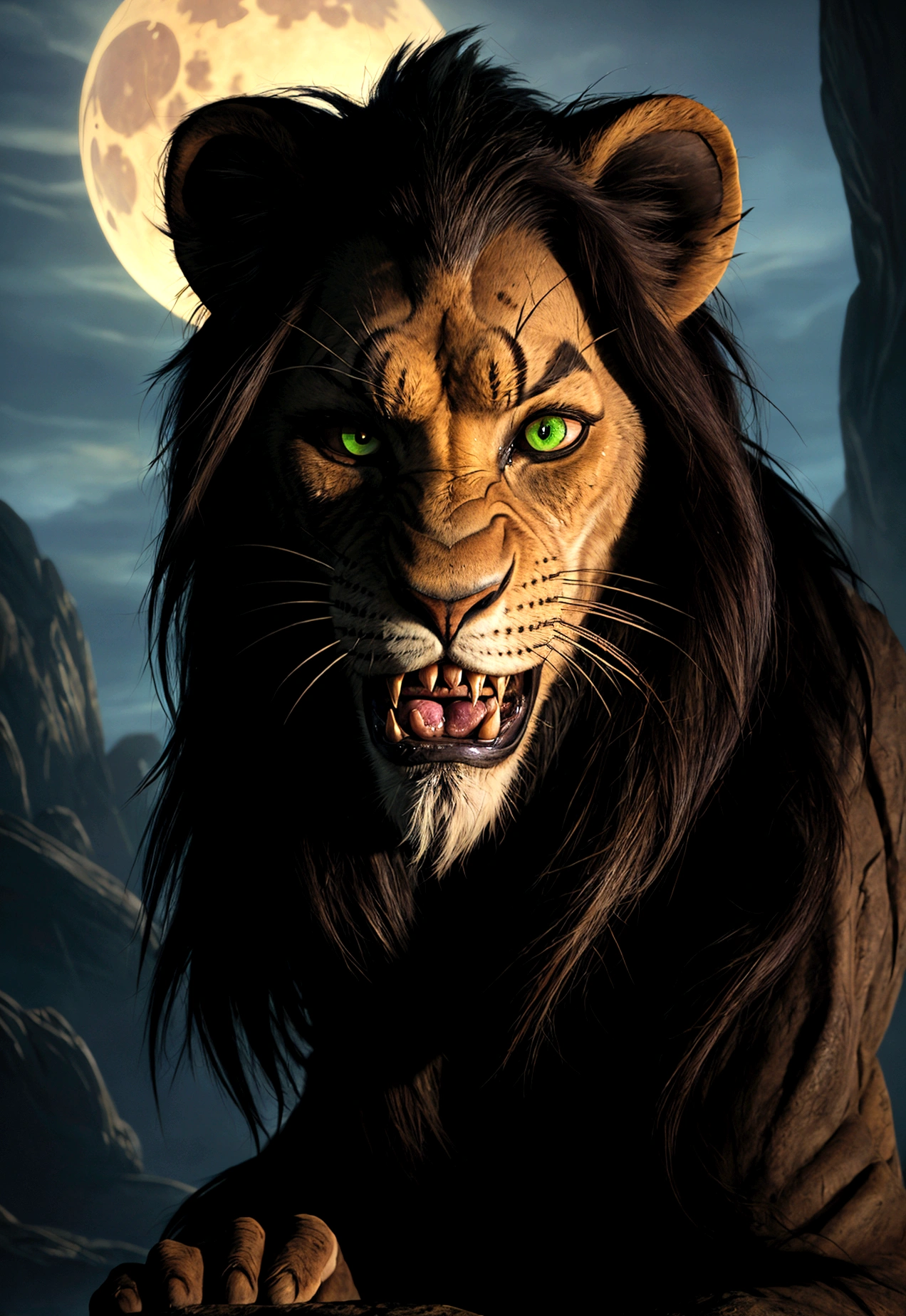 A close-up, stylized animated illustration focusing intently on the prominent, thick, jagged line running vertically across the left eye of the character Scar from the 1994 Disney film "The Lion King". This defining scar is the dominant and most striking feature, a bold, dramatic line cutting across Scar's piercing green eye. Details of his dark mane and slightly menacing expression with bared teeth are present, but the scar itself is the central focus, commanding the viewer's full attention. The atmospheric night landscape with a crescent moon in the background provides a moody, mysterious setting that heightens the intensity and significance of this iconic facial feature. The illustration style is reminiscent of the work of artist Chris Sanders, offering a unique and captivating interpretation that powerfully emphasizes this defining characteristic of the classic Disney villain.