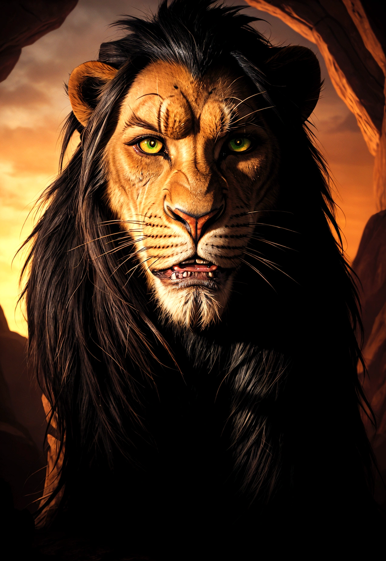 A close-up, stylized animated illustration focusing intently on the prominent, thick, jagged line running vertically across the left eye of the character Scar from the 1994 Disney film "The Lion King". This defining scar is the dominant and most striking feature, a bold, dramatic line cutting across Scar's piercing green eye. Details of his dark mane and slightly menacing expression with bared teeth are present, but the scar itself is the central focus, commanding the viewer's full attention. The atmospheric night landscape with a crescent moon in the background provides a moody, mysterious setting that heightens the intensity and significance of this iconic facial feature. The illustration style is reminiscent of the work of artist Chris Sanders, offering a unique and captivating interpretation that powerfully emphasizes this defining characteristic of the classic Disney villain.