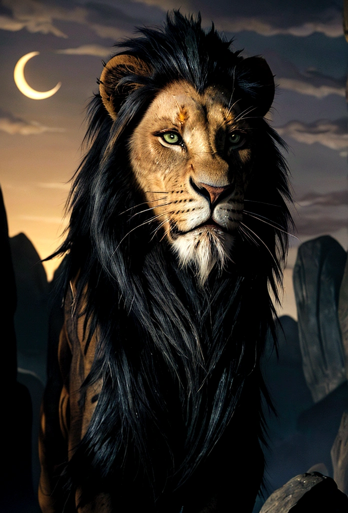 A close-up, stylized animated illustration focusing intently on the prominent, thick, jagged line running vertically across the left eye of the character Scar from the 1994 Disney film "The Lion King". This defining scar is the dominant and most striking feature, a bold, dramatic line cutting across Scar's piercing green eye. Details of his dark mane and slightly menacing expression with bared teeth are present, but the scar itself is the central focus, commanding the viewer's full attention. The atmospheric night landscape with a crescent moon in the background provides a moody, mysterious setting that heightens the intensity and significance of this iconic facial feature. The illustration style is reminiscent of the work of artist Chris Sanders, offering a unique and captivating interpretation that powerfully emphasizes this defining characteristic of the classic Disney villain.