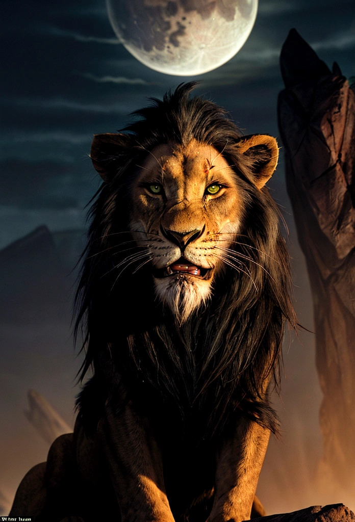 A close-up, stylized animated illustration focusing intently on the prominent, thick, jagged line running vertically across the left eye of the character Scar from the 1994 Disney film "The Lion King". This defining scar is the dominant and most striking feature, a bold, dramatic line cutting across Scar's piercing green eye. Details of his dark mane and slightly menacing expression with bared teeth are present, but the scar itself is the central focus, commanding the viewer's full attention. The atmospheric night landscape with a crescent moon in the background provides a moody, mysterious setting that heightens the intensity and significance of this iconic facial feature. The illustration style is reminiscent of the work of artist Chris Sanders, offering a unique and captivating interpretation that powerfully emphasizes this defining characteristic of the classic Disney villain.