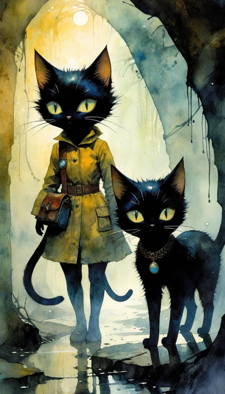 Two women, cool, cute, beautiful, a fun day, an underground expedition, dark and creepy creatures, artistic and memorable masterpieces, story moments, close-ups, fog Watercolor: 1.3, Delicate, Detail, Masterpiece, (cute cats :1.3),(intricate:1.2), high contrast, (art inspired by Bill Sienkiewicz). oil painting)