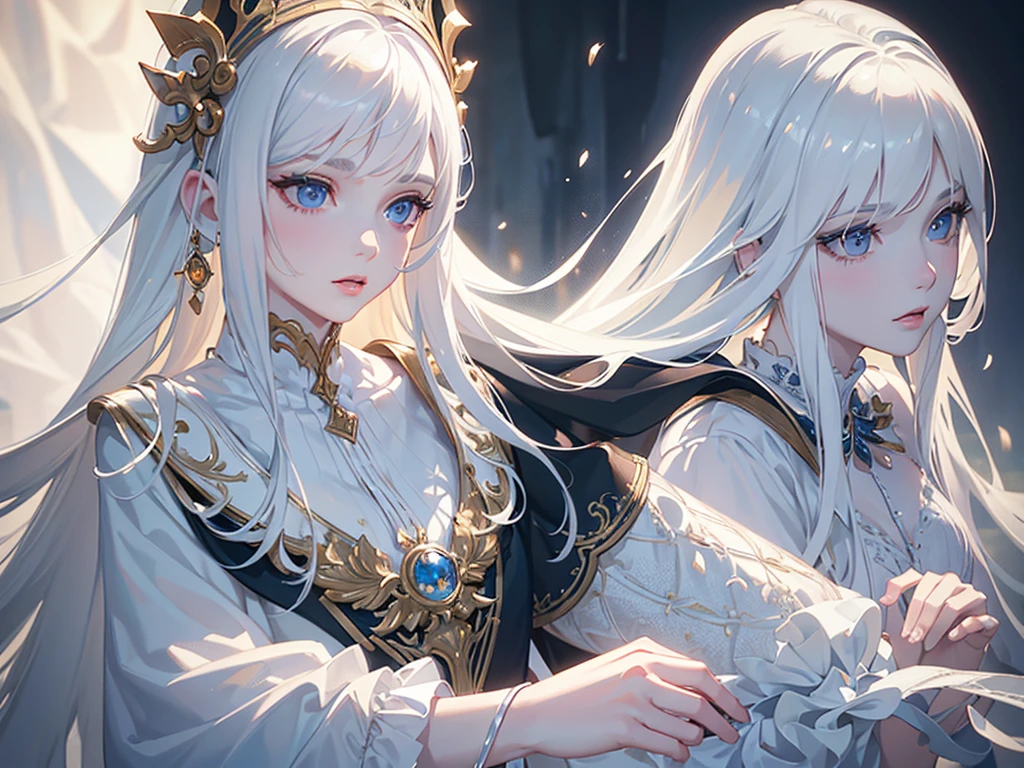 A snow-white haired girl, long flowing hair perfectly framing her face, pale skin, waist up, beautiful detailed eyes, beautiful detailed lips, extremely detailed eyes and face, long eyelashes, ethereal, porcelain skin, serene expression, (best quality,4k,8k,highres,masterpiece:1.2),ultra-detailed,(realistic,photorealistic,photo-realistic:1.37),digital painting,highly detailed,intricate details,elegant,soft lighting,warm color palette,chiaroscuro