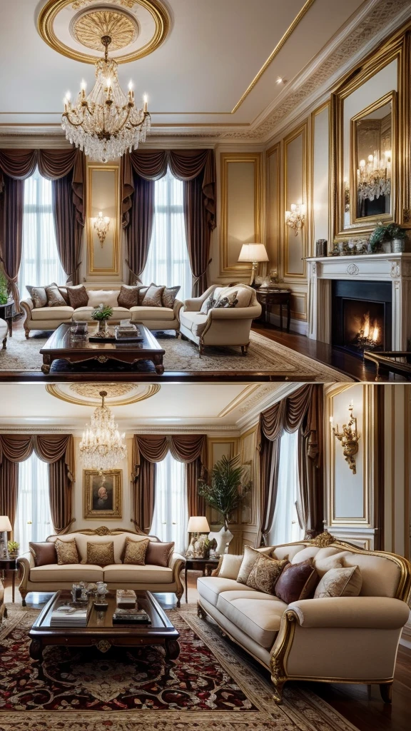 Living room decorated in European style, a luxurious and refined atmosphere. Intricate interior decoration details emphasize the refined style of the room, while a carefully considered decoration design adds an impeccable finishing touch