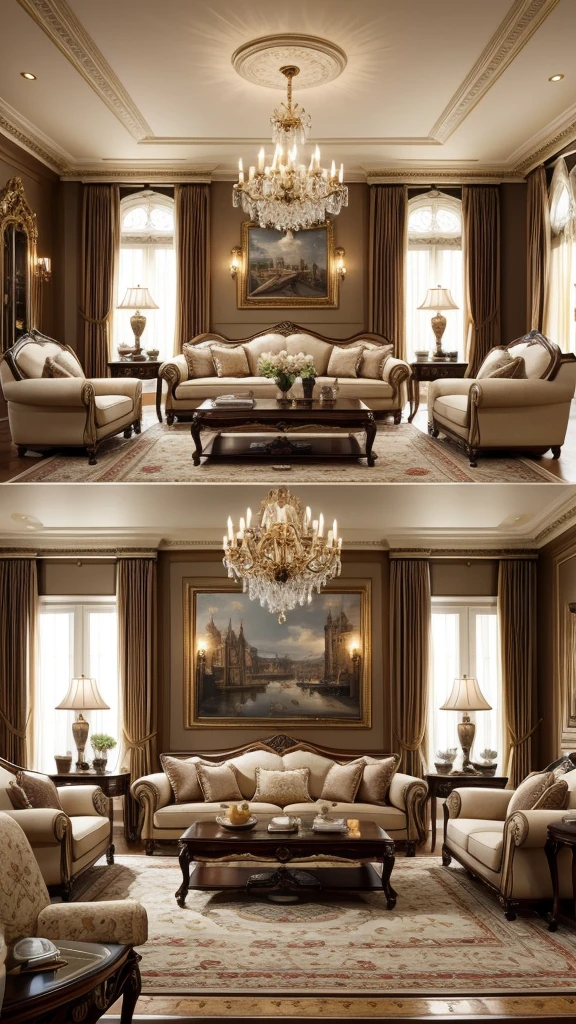 Living room decorated in European style, a luxurious and refined atmosphere. Intricate interior decoration details emphasize the refined style of the room, while a carefully considered decoration design adds an impeccable finishing touch