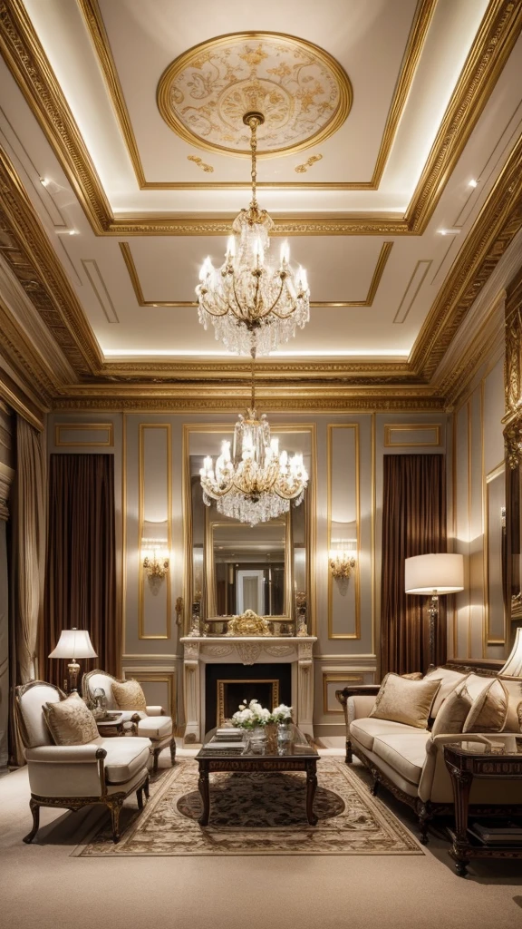 Living room decorated in European style, a luxurious and refined atmosphere. Intricate interior decoration details emphasize the refined style of the room, while a carefully considered decoration design adds an impeccable finishing touch