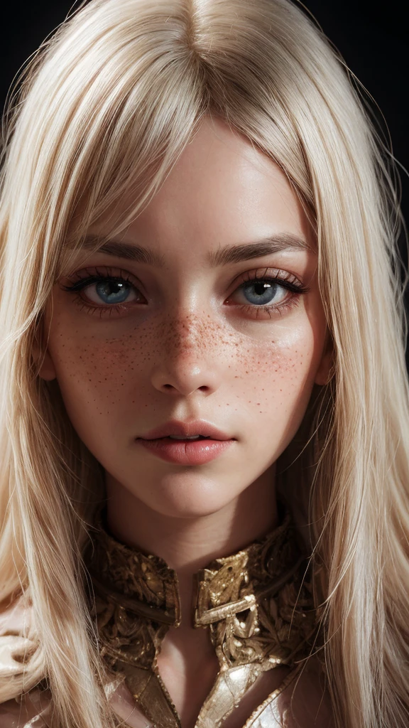 An exquisite portrait of 1 albino woman with deep and clear skin, a photograph captured in stunning 8k resolution and raw format to preserve the highest quality of details. The beauty of women is undeniable, her face commanding the frame in a close-up that reveals the intricate details of her eyes. She wears a dress that complements her radiant skin, and her eyes are portrayed with meticulous attention to detail, showing a captivating depth within. The photograph is taken with a lens that emphasizes the challenge of your gaze, and the backdrop is a dark studio environment that brings out the soft colors of the scene. Lighting and shadows are expertly crafted to highlight the richness of your skin tone and the subtle nuances of your features... Your blonde hair, with its distinct shadow, adds a touch of warmth and contrast against your skin. The interior ambiance adds a sense of intimidation, while the freckles on her albino skin tell their own story. The overall composition captures its essence with traditions and grace, creating a portrait that is a celebration of your heritage and beauty. Photography by challenge512, using the best shadow and lighting techniques, to create a mesmerizing portrait that transcends the visual.