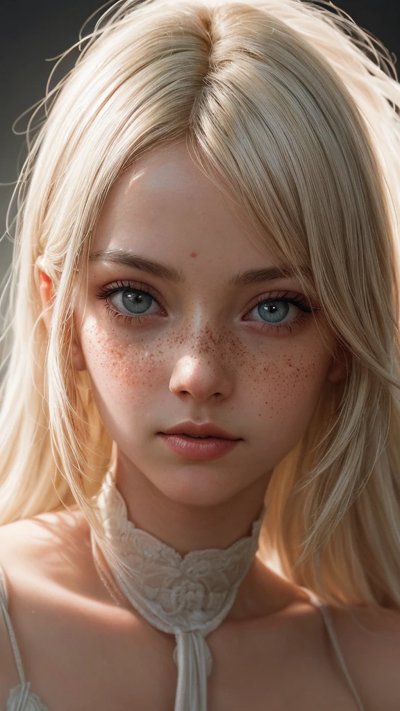 An exquisite portrait of 1 albino woman with deep and clear skin, a photograph captured in stunning 8k resolution and raw format to preserve the highest quality of details. The beauty of women is undeniable, her face commanding the frame in a close-up that reveals the intricate details of her eyes. She wears a dress that complements her radiant skin, and her eyes are portrayed with meticulous attention to detail, showing a captivating depth within. The photograph is taken with a lens that emphasizes the challenge of your gaze, and the backdrop is a dark studio environment that brings out the soft colors of the scene. Lighting and shadows are expertly crafted to highlight the richness of your skin tone and the subtle nuances of your features... Your blonde hair, with its distinct shadow, adds a touch of warmth and contrast against your skin. The interior ambiance adds a sense of intimidation, while the freckles on her albino skin tell their own story. The overall composition captures its essence with traditions and grace, creating a portrait that is a celebration of your heritage and beauty. Photography by challenge512, using the best shadow and lighting techniques, to create a mesmerizing portrait that transcends the visual.