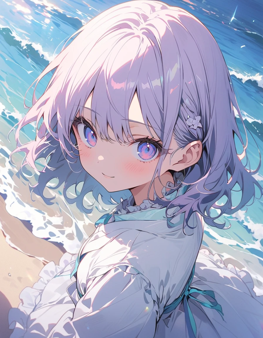 (masterpiece),(Highest quality), shape, ((oyster:2)), Gray wavy hair, Long eyelashes, Round eyes, smile, (cherry blossoms:1.2)、(美味しいOceanの幸)、(清浄Ocean域アジワ)、(Warm Beach Background:1.4)、((Ocean:1.8))、Outdoor、Surrealism, Anaglyph, Stereogram, Atmospheric perspective, 8K, 超detailed, Accurate, Highest quality, 超High resolution, Textured skin, Pale maroon frilled dress, (pastel colour) , paper_cut、(Highest quality、masterpiece、High resolution、detailed)、animeスタイル、Flat Style、(Shining Eyes、detailed美しい顔), break,1 Girl、extremely detailed(The Shining), Best lighting, Best Shadow、floating, (High saturation),Dynamic Angle、anime