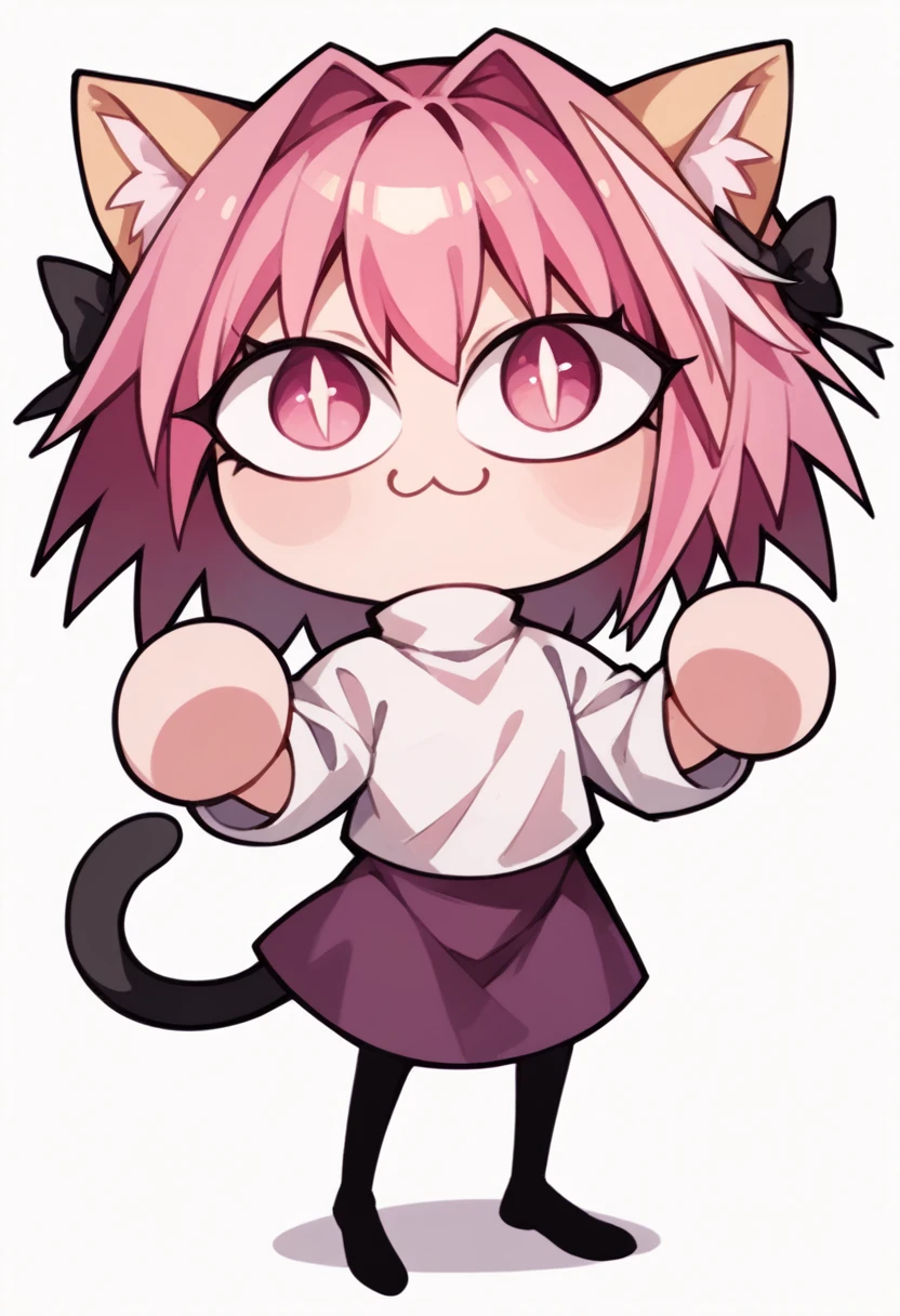 score_9, score_8_up, score_7_up, score_6_up, score_5_up, score_4_up, (((blank_background, white_background))), 1girl, solo, necoarc, lit pupils, cat ears, (pink hair, pink_eyes), chibi, :3, turtleneck, fight_pose, astolfo_costume, purple skirt, pantyhose,NECOARC PINK HAIR,NECOARC BLONDE HAIR