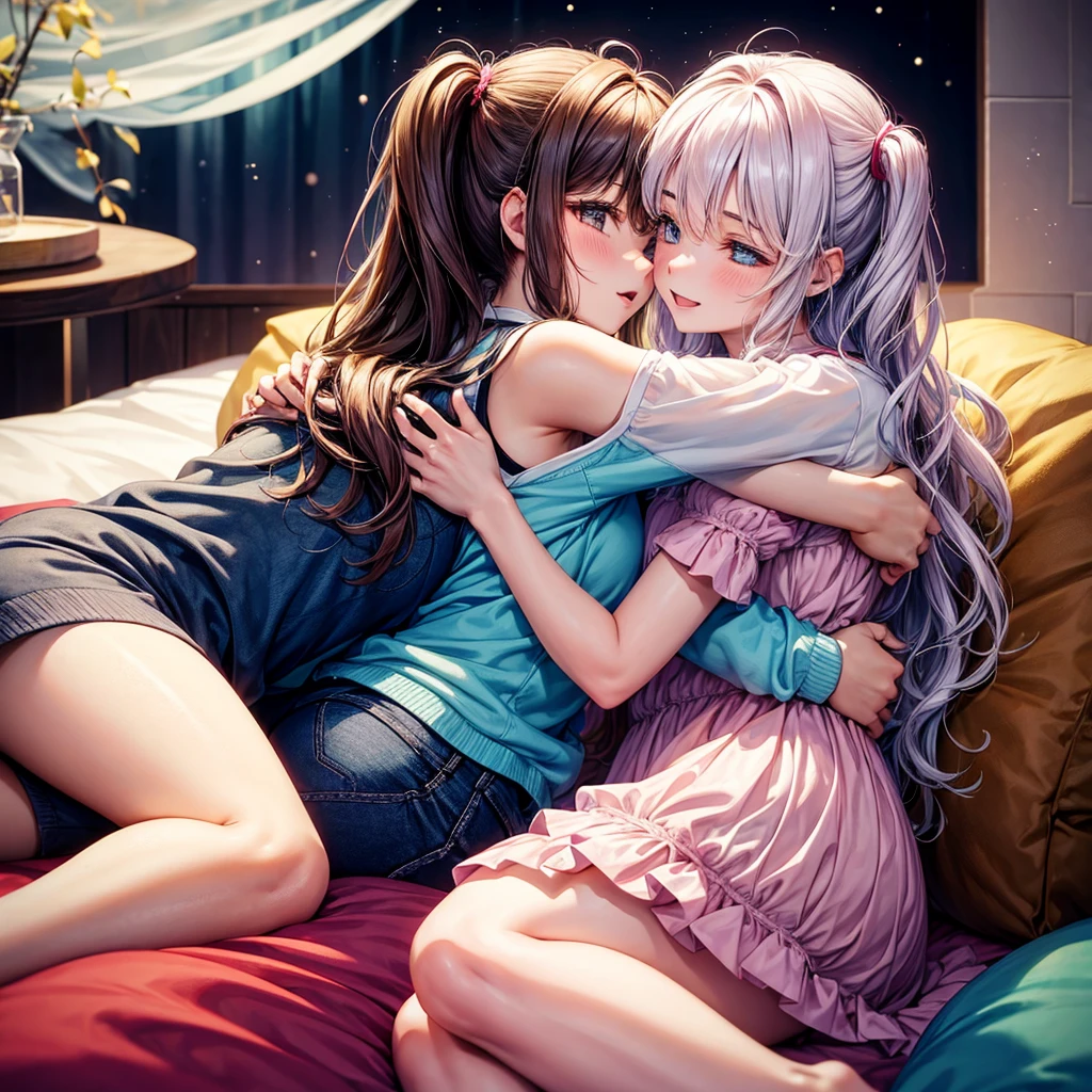 Two 22 year old girls are hugging, they are at a sleepover