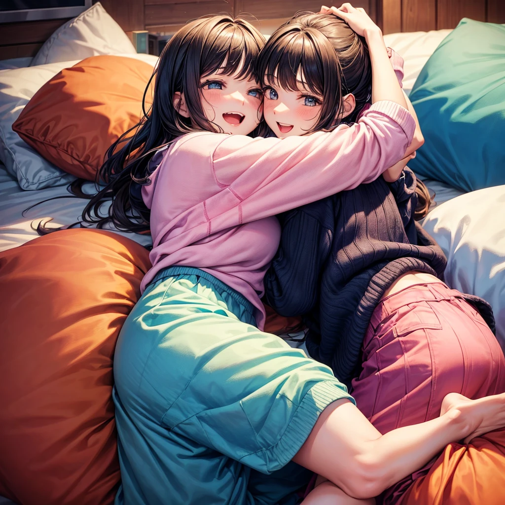 Two 22 year old girls are hugging, they are at a sleepover