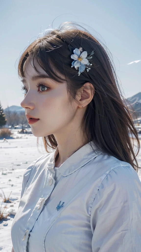 (absurdres, highres, ultra detailed, UHD, cinematic), solo, 1girl, mature, happy, girl fantasy, dreamy, snowy, official art, pop art, profile, ultra detailed face, ultra detailed eyes, light blue flower field, ultra detailed field, white blue sky, cold, light blue, white,  nebula in the sky,  watercolor, pastel color