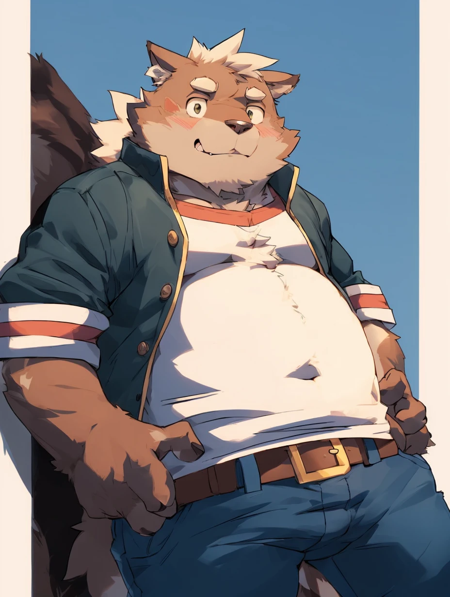 cartoon of a man with a cat face and a jacket, a character portrait inspired by Greg Staples, pixiv, furry art, full length portrait of a short!, high resolution commission, Casually dressed, well-built, hairy chest, furry character, Thick, fluffy chest, fursona wearing elegant clothes, Casually dressed, cuerpo robusto y well-built