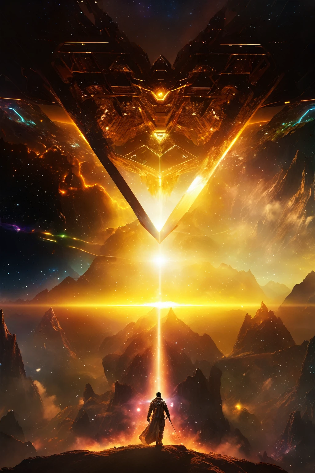 arafed image of a man standing on a mountain with a sci - fi like background, 4k highly detailed digital art, digital artwork 4 k, sci fi epic digital art, 4k detailed digital art, sci-fi digital art, 8 k hd wallpaperjpeg artifact, 8k hd wallpaperjpeg artifact, science fiction digital art