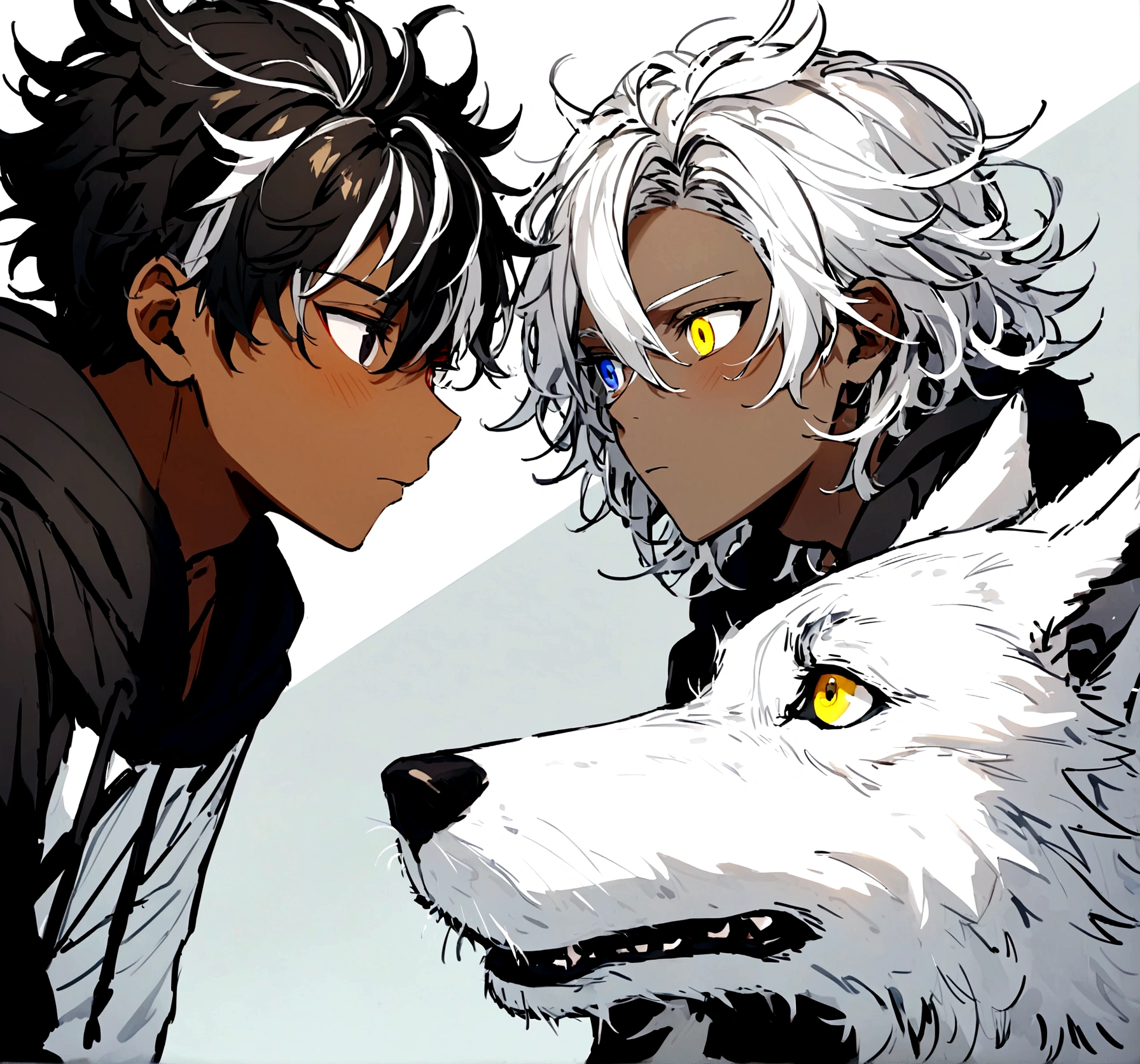 white  shirt, wearing a black hoodie , yellow and black eyes heterochromia , Messy hair , Medium length hair , 1 men , multicolored black and white hair , two tone hair , dark skin color , with a white wolf , both of them looking at each other like idiots