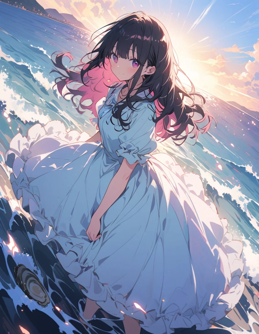 (masterpiece),(Highest quality), shape, ((oyster:2)), Pink wavy hair, Long eyelashes, Round eyes, smile, (cherry blossoms:1.2)、(美味しいOceanの幸)、(清浄Ocean域アジワ)、(Warm Beach Background:1.4)、((Ocean:1.8))、Outdoor、Surrealism, Anaglyph, Stereogram, Atmospheric perspective, 8K, 超detailed, Accurate, Highest quality, 超High resolution, Textured skin, Pale maroon frilled dress, (pastel colour) , paper_cut、(Highest quality、masterpiece、High resolution、detailed)、animeスタイル、Flat Style、(Shining Eyes、detailed美しい顔), break,1 Girl、extremely detailed(The Shining), Best lighting, Best Shadow、floating, (High saturation),Dynamic Angle、anime