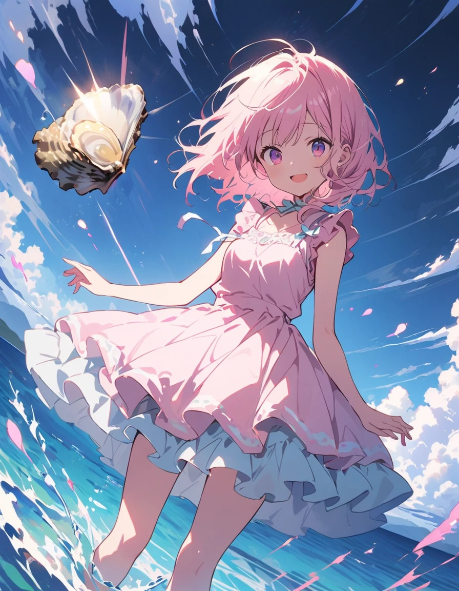 (masterpiece),(Highest quality), shape,  ((oyster:2)), Pink wavy hair, Long eyelashes, Round eyes, smile, (cherry blossoms:1.2)、(美味しいOceanの幸)、(清浄Ocean域アジワ)、(Warm Beach Background:1.4)、((Ocean:1.8))、Outdoor、Surrealism, Anaglyph, Stereogram, Atmospheric perspective, 8K, 超detailed, Accurate, Highest quality, 超High resolution, Textured skin, Pale maroon frilled dress, (pastel colour) , paper_cut、(Highest quality、masterpiece、High resolution、detailed)、animeスタイル、Flat Style、(Shining Eyes、detailed美しい顔),  break,1 Girl、extremely detailed(The Shining), Best lighting, Best Shadow、floating, (High saturation),Dynamic Angle、anime