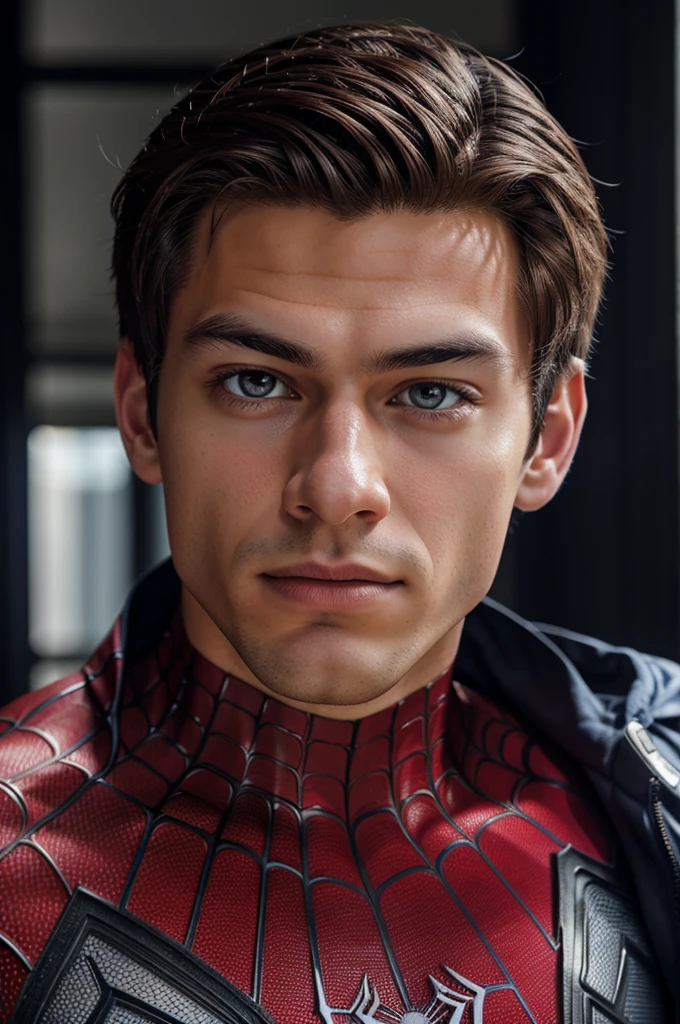 A photograph of spider man, no mask, 20 yo, handsome, detailed face, looking at camera, portrait, 8k uhd, high quality
