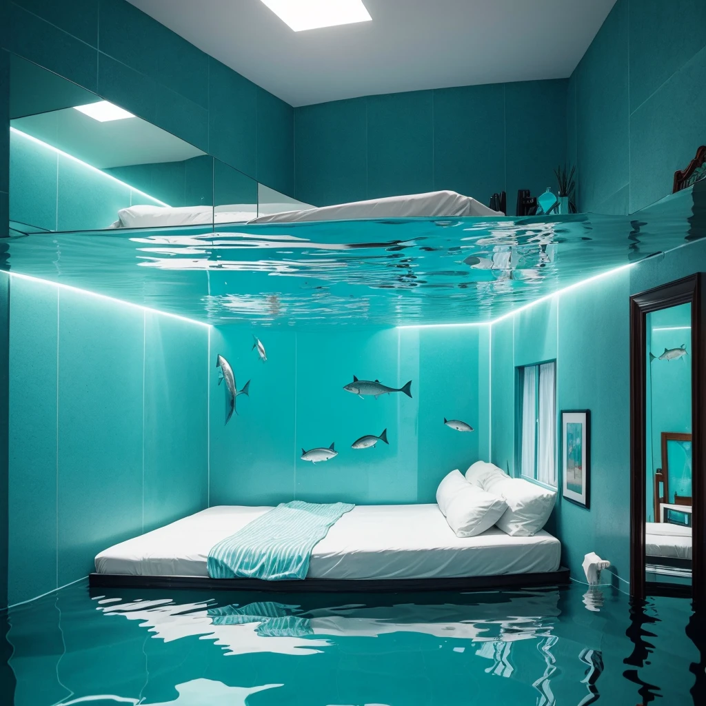 Make a quarter seen diagonally, in the right corner there is a bed, Make the back wall a mirror and reflect what is in the room, the reflected side is flooded with turquoise water, There are some things floating and some fish that are not very appreciated.