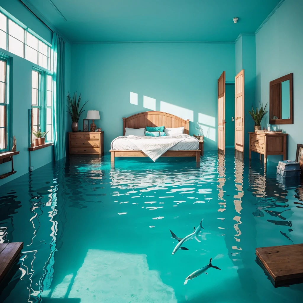 Make a quarter seen diagonally, in the right corner there is a bed, Make the back wall a mirror and reflect what is in the room, the reflected side is flooded with turquoise water, There are some things floating and some fish that are not very appreciated.