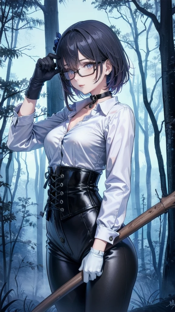 Masterpiece, Beautiful art, professional artist, 8k, Very detailed face, Detailed clothing, detailed fabric, 1 girl, Soul Fullness \(Honkai Impact 3rd\), front view, standing, perfectly drawn body, shy expression, pale skin, beautiful face, short dark blue hair, 4k eyes, very detailed eyes, pink cheeks, glasses, choker:1.6, (white long sleeve button down shirt with white collar), black gloves, gloves that cover hands, (holds an ax with his right hand), (black leather corset), (shiny black leggings), Sensual Lips , winter night, show details in the eyes, looking at the viewer, dark forest, Atmosphere, fog, At night