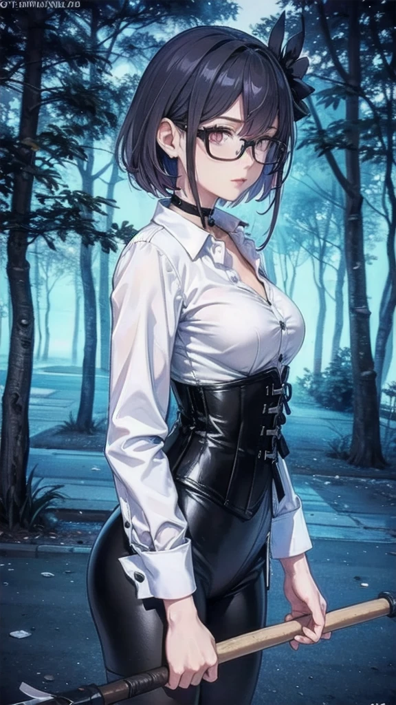 Masterpiece, Beautiful art, professional artist, 8k, Very detailed face, Detailed clothing, detailed fabric, 1 girl, Soul Fullness \(Honkai Impact 3rd\), front view, standing, perfectly drawn body, shy expression, pale skin, beautiful face, short dark blue hair, 4k eyes, very detailed eyes, pink cheeks, glasses, choker:1.6, (white long sleeve button down shirt with white collar), black gloves, gloves that cover hands, (holds an ax with his right hand), (black leather corset), (shiny black leggings), Sensual Lips , winter night, show details in the eyes, looking at the viewer, dark forest, Atmosphere, fog, At night