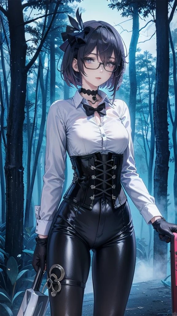 Masterpiece, Beautiful art, professional artist, 8k, Very detailed face, Detailed clothing, detailed fabric, 1 girl, Soul Fullness \(Honkai Impact 3rd\), front view, standing, perfectly drawn body, shy expression, pale skin, beautiful face, short dark blue hair, 4k eyes, very detailed eyes, pink cheeks, glasses, choker:1.6, (white long sleeve button down shirt with white collar), black gloves, gloves that cover hands, (holds an ax with his right hand), (black leather corset), (shiny black leggings), Sensual Lips , winter night, show details in the eyes, looking at the viewer, dark forest, Atmosphere, fog, At night