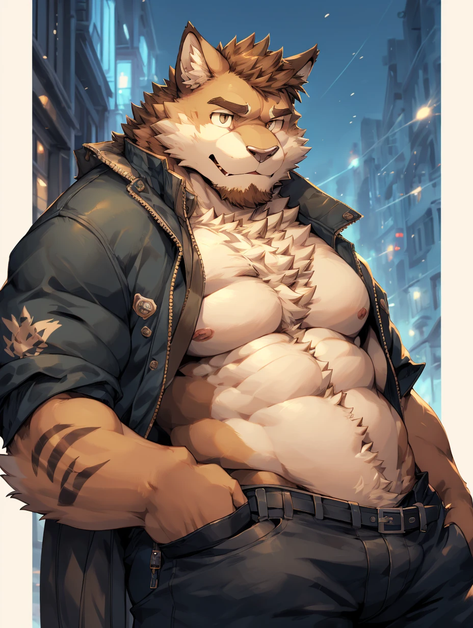 cartoon of a man with a cat face and a jacket, a character portrait inspired by Greg Staples, pixiv, furry art, full length portrait of a short!, high resolution commission, Casually dressed, well-built, hairy chest, furry character, Thick, fluffy chest, fursona wearing elegant clothes, Casually dressed, cuerpo robusto y well-built