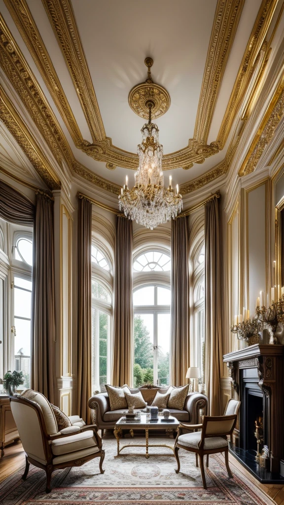 Living room decorated in European style, a luxurious and refined atmosphere. Intricate interior decoration details emphasize the refined style of the room, while a carefully considered decoration design adds an impeccable finishing touch, Bay Windows, Amsterdam, scenery outside with trees.