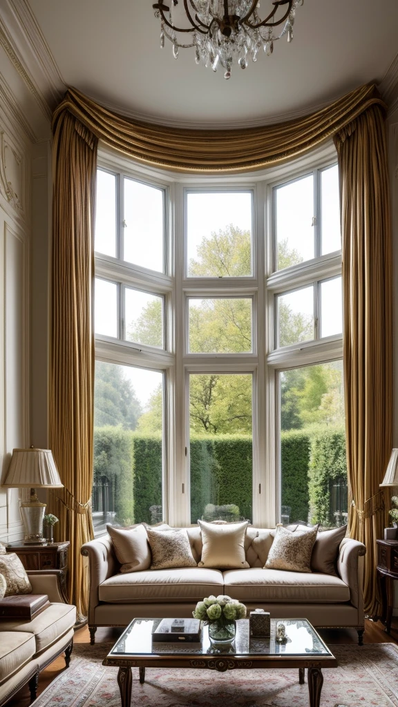 Living room decorated in European style, a luxurious and refined atmosphere. Intricate interior decoration details emphasize the refined style of the room, while a carefully considered decoration design adds an impeccable finishing touch, Bay Windows, Amsterdam, scenery outside with trees.