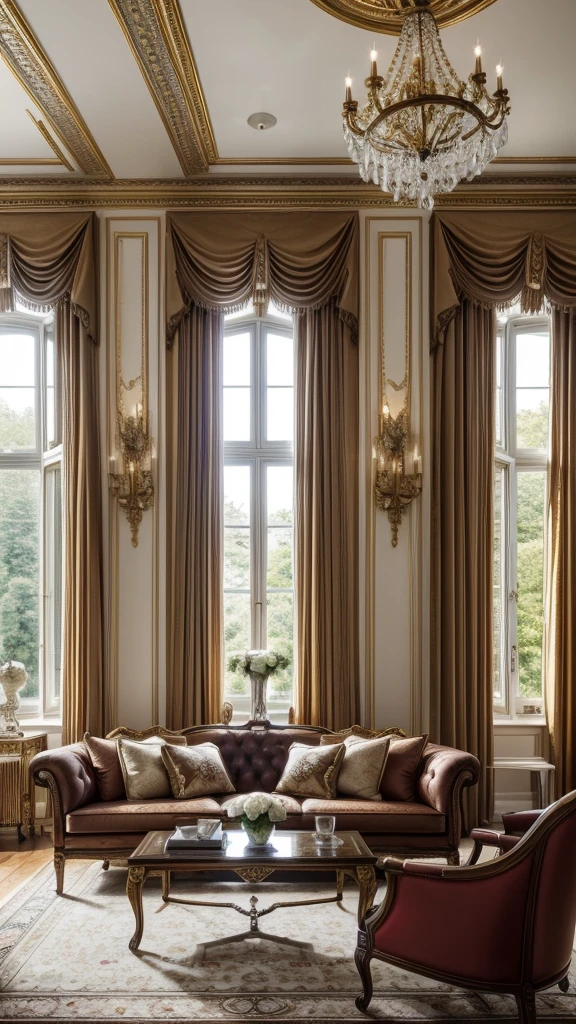 Living room decorated in European style, a luxurious and refined atmosphere. Intricate interior decoration details emphasize the refined style of the room, while a carefully considered decoration design adds an impeccable finishing touch, Bay Windows, Amsterdam, scenery outside with trees.