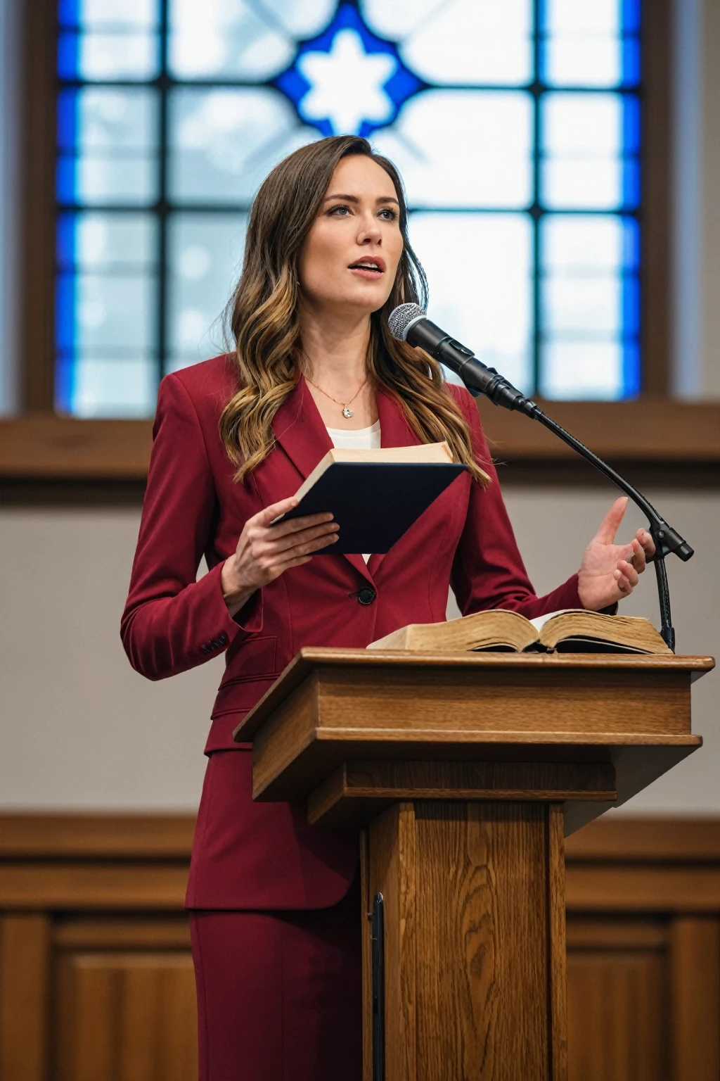  ((woman)), (30 year old), (long hair), (wearing reddish suit), (speech at a lectern), (bible on the pulpit), (showing complete subject), (modern protestant church background), (natural light), (photo realism), (hyper detailed), diffuse lighting, (((front view))), (Nikon D850 DSLR), ((long shot at 200mm f/1. 8 lens)), (Slightly blurred background with bokeh effect),