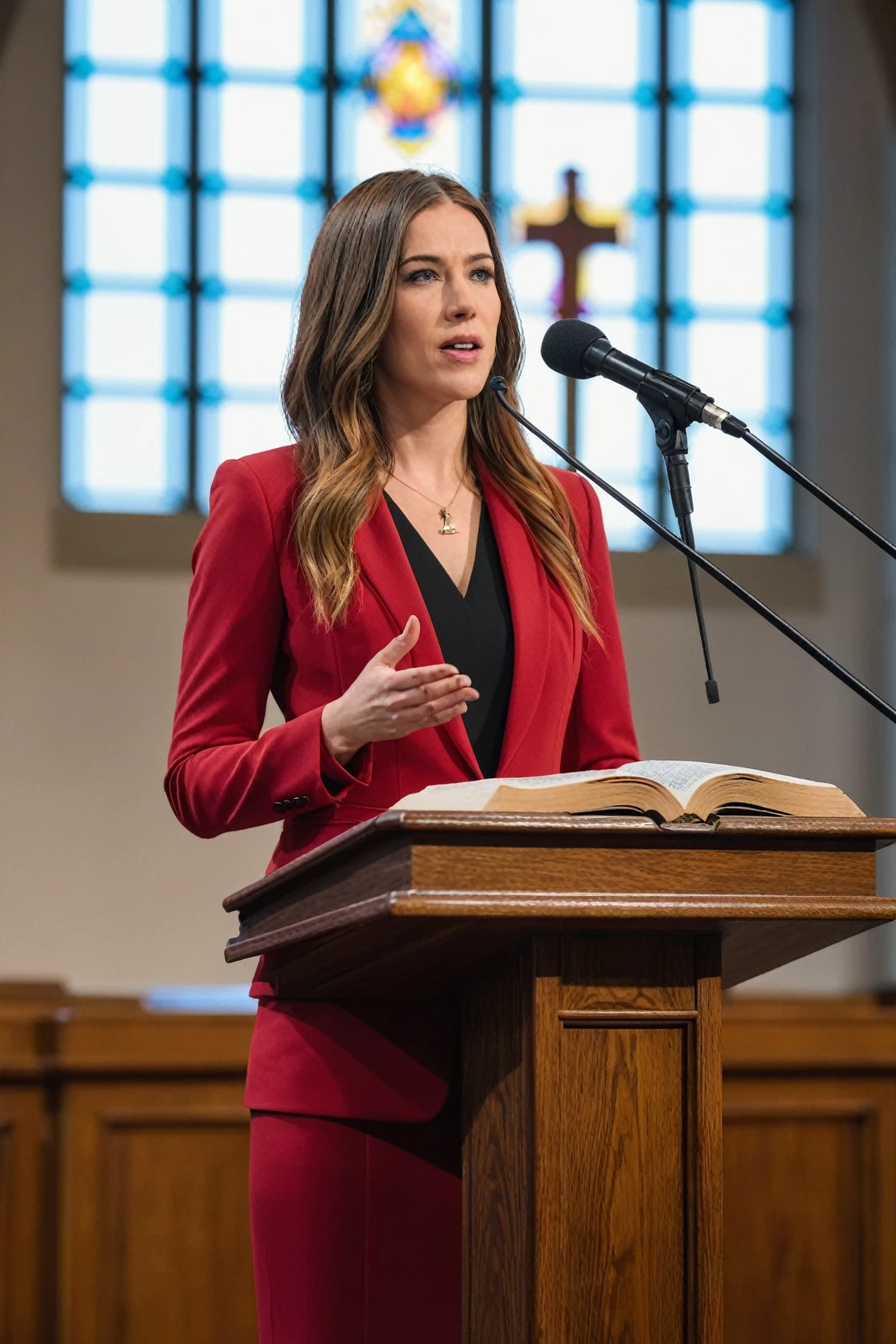  ((woman)), (30 year old), (long hair), (wearing reddish suit), (speech at a lectern), (bible on the pulpit), (showing complete subject), (modern protestant church background), (natural light), (photo realism), (hyper detailed), diffuse lighting, (((front view))), (Nikon D850 DSLR), ((long shot at 200mm f/1. 8 lens)), (Slightly blurred background with bokeh effect),