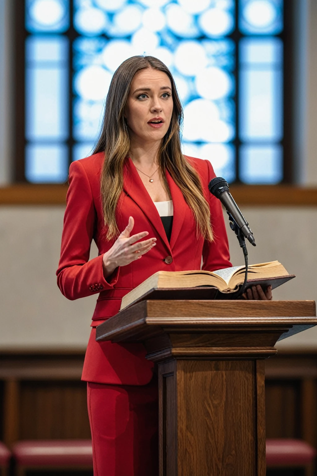  ((woman)), (30 year old), (long hair), (wearing reddish suit), (speech at a lectern), (bible on the pulpit), (showing complete subject), (modern protestant church background), (natural light), (photo realism), (hyper detailed), diffuse lighting, (((front view))), (Nikon D850 DSLR), ((long shot at 200mm f/1. 8 lens)), (Slightly blurred background with bokeh effect),