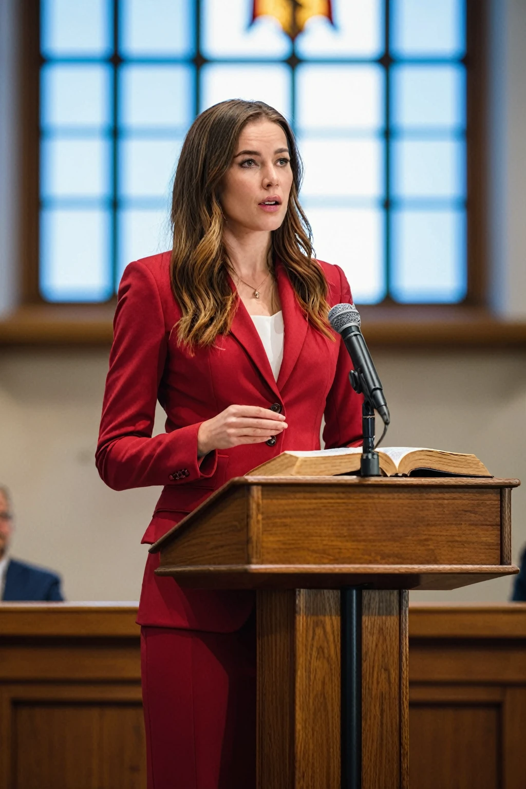  ((woman)), (30 year old), (long hair), (wearing reddish suit), (speech at a lectern), (bible on the pulpit), (showing complete subject), (modern protestant church background), (natural light), (photo realism), (hyper detailed), diffuse lighting, (((front view))), (Nikon D850 DSLR), ((long shot at 200mm f/1. 8 lens)), (Slightly blurred background with bokeh effect),