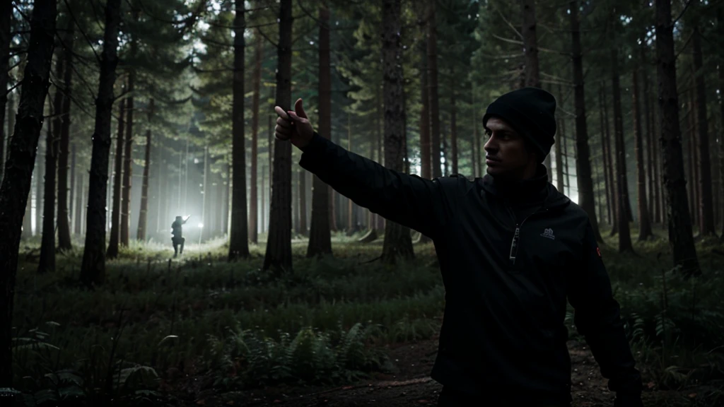 a man pointing his gun at the thief, who is standing with his hands raised, at night on a small in a dark and eerie forest at night.