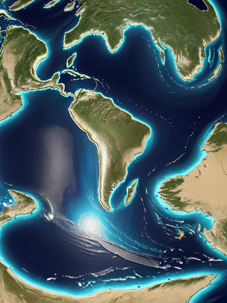 "Hyper-realistic digital painting of a world map, displaying all the continents and countries in their accurate shapes and positions. The map is richly detailed with mountain ranges, rivers, and deserts clearly visible. The oceans and seas are depicted in varying shades of blue, with realistic wave patterns and depth gradients. Major cities are marked with small, glowing points of light. The map includes labels for countries, major bodies of water, and significant geographical features. The background is a deep navy blue, enhancing the vibrant colors of the landmasses, cinematic composition, trending on ArtStation."