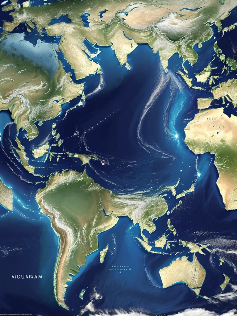 "Hyper-realistic digital painting of a world map, displaying all the continents and countries in their accurate shapes and positions. The map is richly detailed with mountain ranges, rivers, and deserts clearly visible. The oceans and seas are depicted in varying shades of blue, with realistic wave patterns and depth gradients. Major cities are marked with small, glowing points of light. The map includes labels for countries, major bodies of water, and significant geographical features. The background is a deep navy blue, enhancing the vibrant colors of the landmasses, cinematic composition, trending on ArtStation."