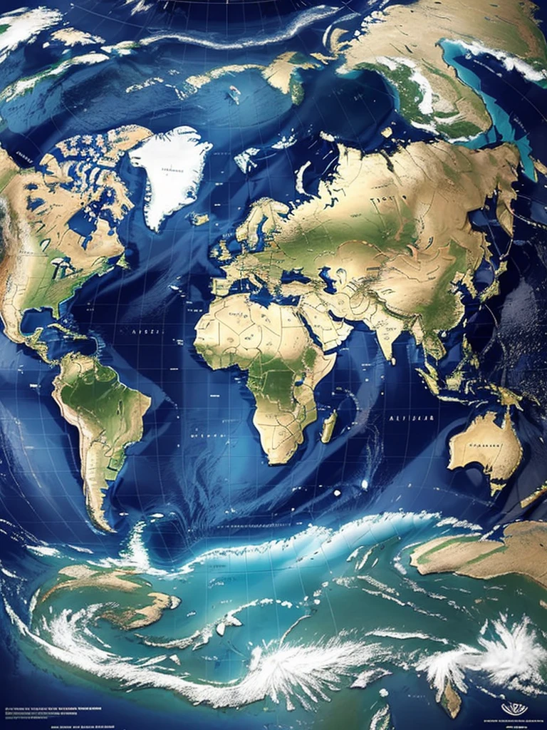 "Hyper-realistic digital painting of a world map, displaying all the continents and countries in their accurate shapes and positions. The map is richly detailed with mountain ranges, rivers, and deserts clearly visible. The oceans and seas are depicted in varying shades of blue, with realistic wave patterns and depth gradients. Major cities are marked with small, glowing points of light. The map includes labels for countries, major bodies of water, and significant geographical features. The background is a deep navy blue, enhancing the vibrant colors of the landmasses, cinematic composition, trending on ArtStation."