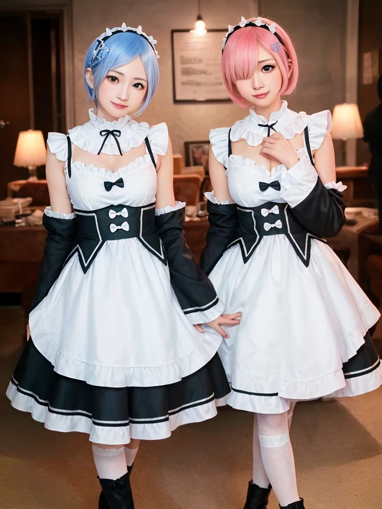 masterpiece, best quality, ultra-detailed, illustration, epic lighting, cinematic composition, colorful, sidelighting, lustrous skin, realistic, 3d face, (finely detailed beautiful eyes: 1.2), 1girl, rem_\(re:zero\),cute, medium breasts, blue hair, short hair, (hair over one eye:1.3), eyes_visible_through_hair, blue eyes, roswaal_mansion_maid_uniform, (head tilt:1.2), standing, close-up, fantasy, summer, night sky, stars, nebula, blue flowers, garden, blue roses, moonlight, peaceful, serenity, (8k:1.1),