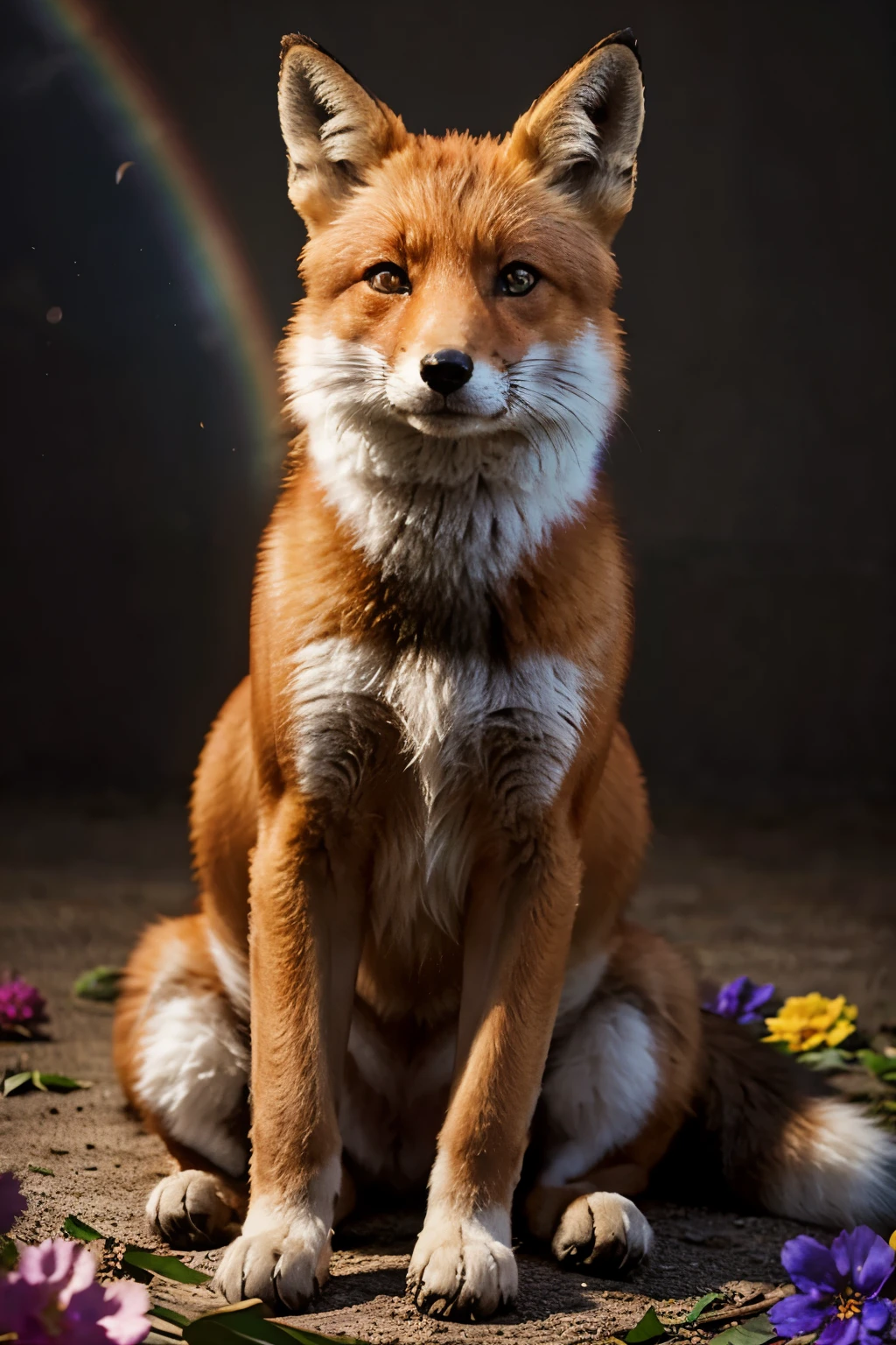fox sitting, rainbow, fantasies, beauty, realistically